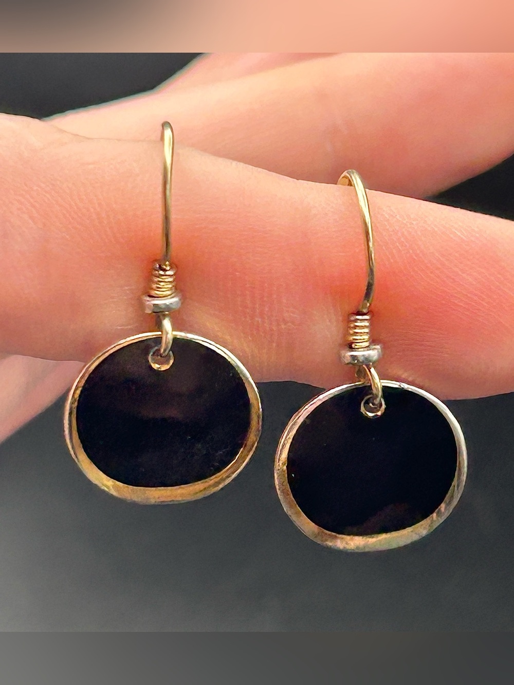 Vintage 1980s Laurel Burch “Dot” Black & Gold Tone Circular Disc Drop Earrings